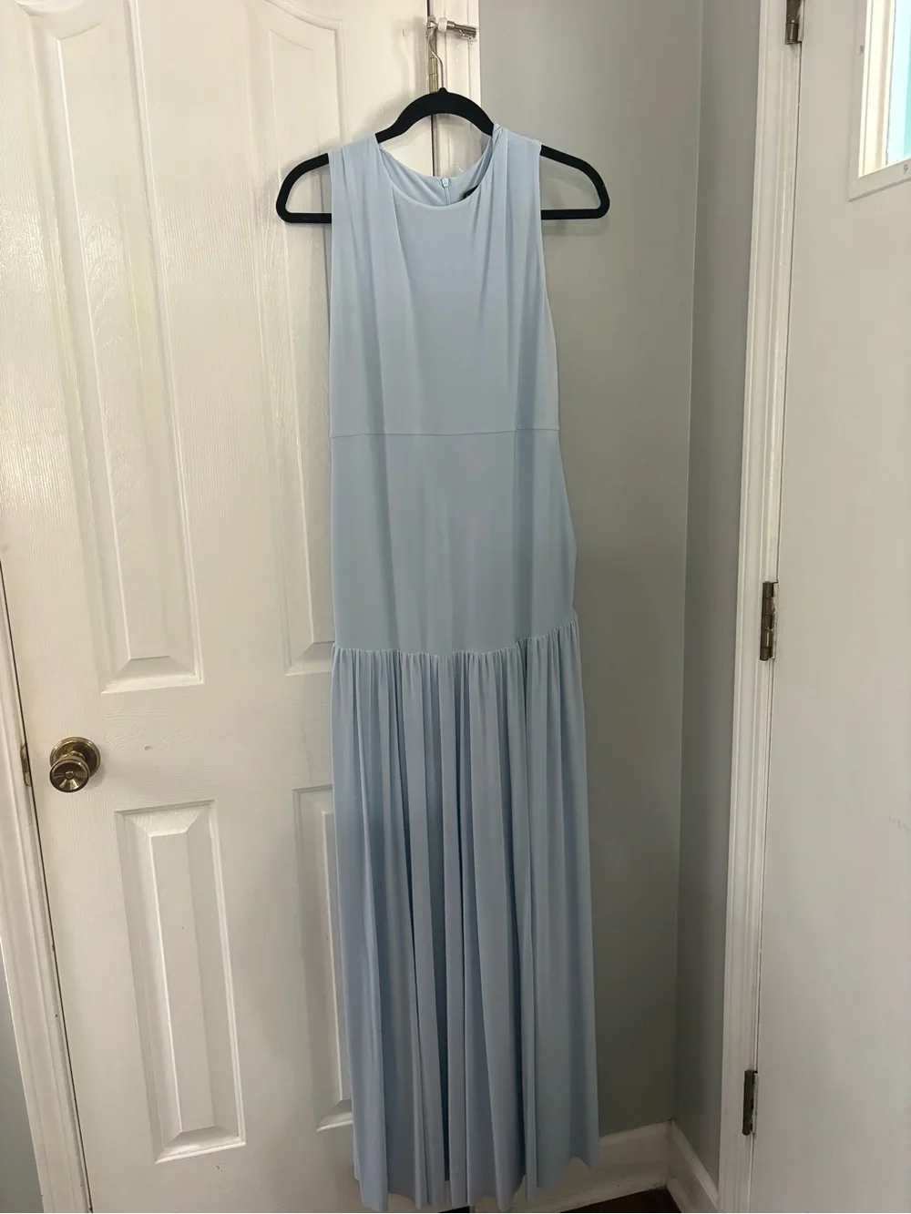 Powder Blue Maternity Maxi Dress Pleated Skirt Crew Neck Formal Baby Shower - Picture 2 of 4